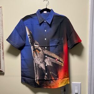Hoo Men's spaceship Taking Off Graphic Button Down Shirt